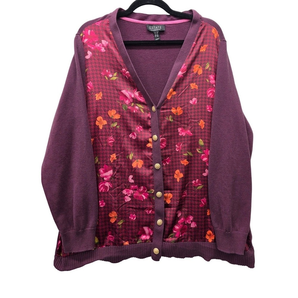 Isaac Mizrahi Live Estate Purple Floral Houndstooth Cardigan Sweater Womens 2X - Picture 1 of 9
